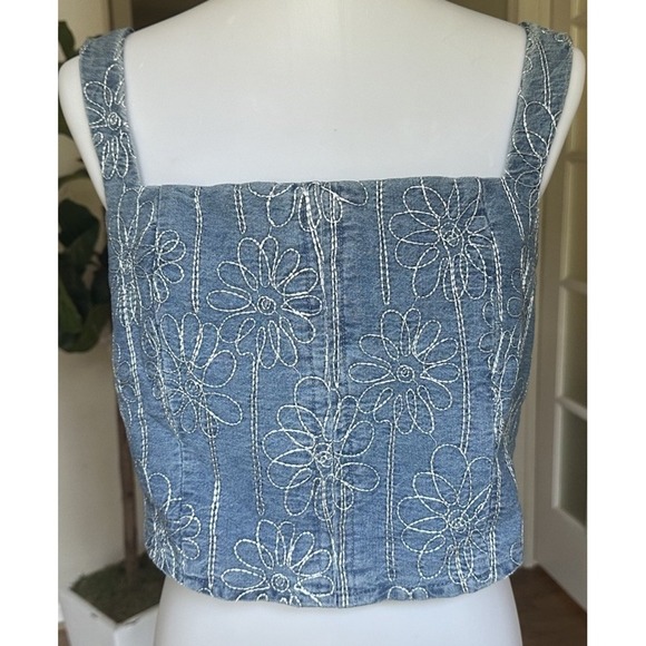 House of Harlow 1960 Blue Floral Embroidered Denim Crop Top Large Square Neck - Picture 3 of 12